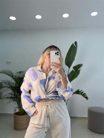 Mavi Serpme Desen Krinkıl Keten Gömlek 