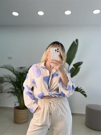 Mavi Serpme Desen Krinkıl Keten Gömlek 