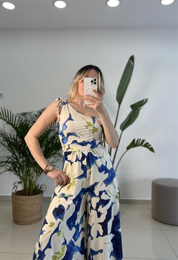 Mavi Yeşil Desenli Tek Omuz Tulum