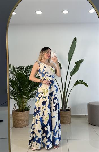 Mavi Yeşil Desenli Tek Omuz Tulum