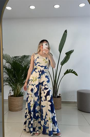 Mavi Yeşil Desenli Tek Omuz Tulum