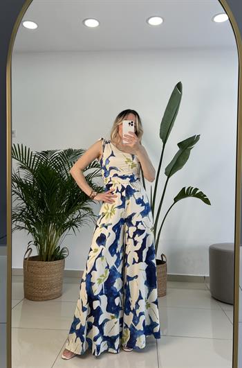 Mavi Yeşil Desenli Tek Omuz Tulum