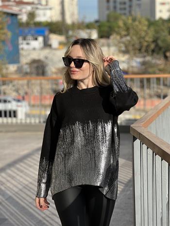 Metalik Gri Kaplamalı Triko Bluz 