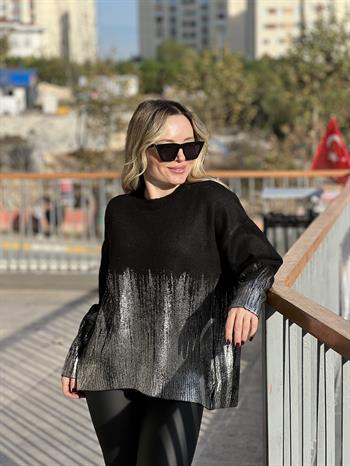 Metalik Gri Kaplamalı Triko Bluz 