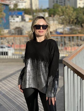 Metalik Gri Kaplamalı Triko Bluz 