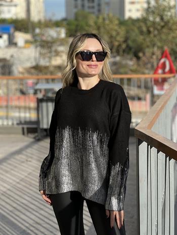 Metalik Gri Kaplamalı Triko Bluz 