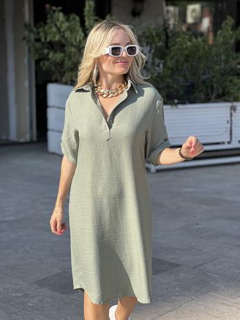 Mint Yeşili Keten Basıc Elbise