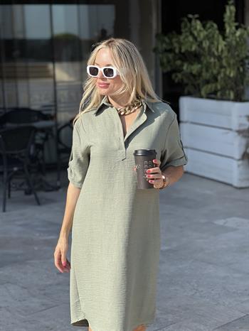 Mint Yeşili Keten Basıc Elbise