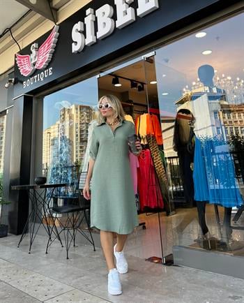 Mint Yeşili Keten Basıc Elbise