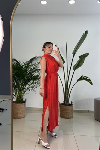 Nar Çiçeği Şifon Pilise Elbise 