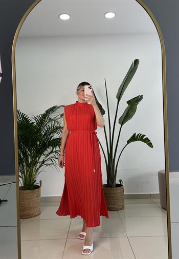 Nar Çiçeği Şifon Pilise Elbise 