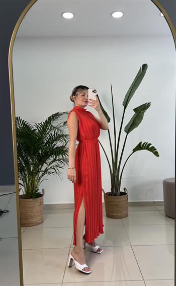 Nar Çiçeği Şifon Pilise Elbise 