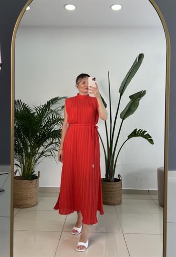 Nar Çiçeği Şifon Pilise Elbise 