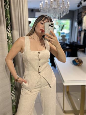 Natural Pamuklu Keten Yelek Pantolon Takım