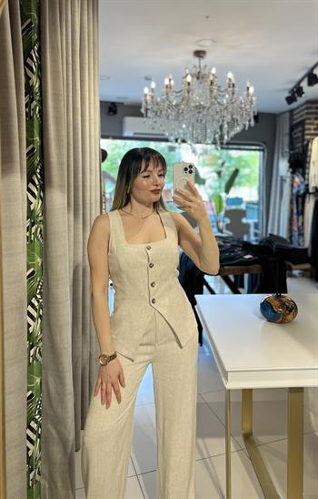 Natural Pamuklu Keten Yelek Pantolon Takım