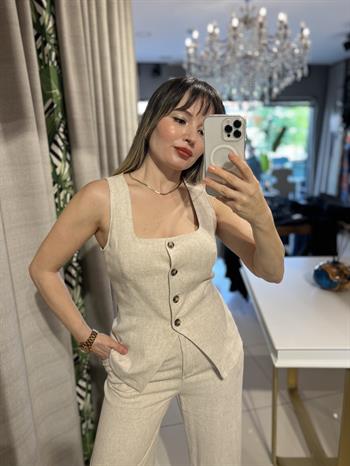 Natural Pamuklu Keten Yelek Pantolon Takım