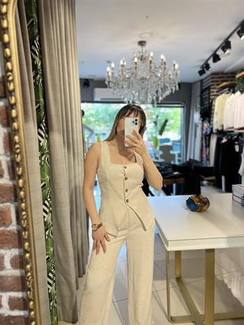 Natural Pamuklu Keten Yelek Pantolon Takım