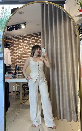 Natural Pamuklu Keten Yelek Pantolon Takım