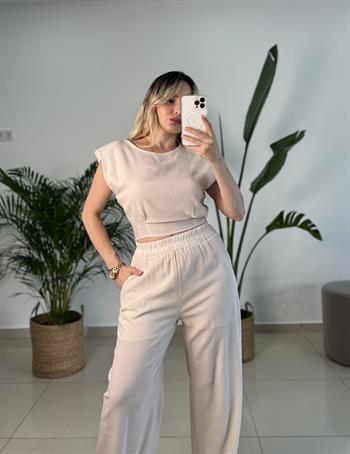 Omuz Vatka Detaylı Taş Renk Bluz