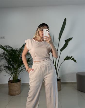 Omuz Vatka Detaylı Taş Renk Bluz