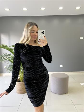 Önden Drapeli Taşlı Elbise 