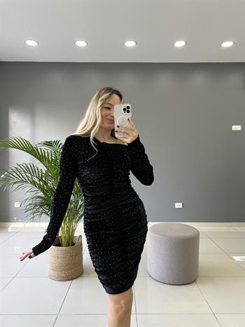 Önden Drapeli Taşlı Elbise 