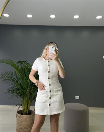 Önü Antik Düğme Detaylı Ekru Tüvit Elbise 