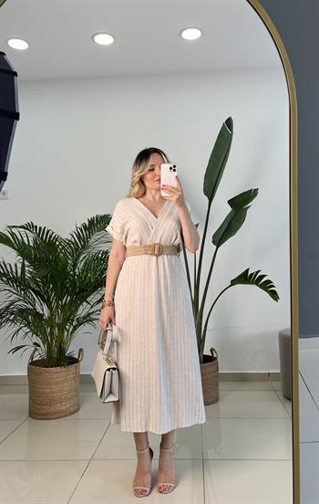 Organik Keten Kruvaze Yaka Uzun Elbise