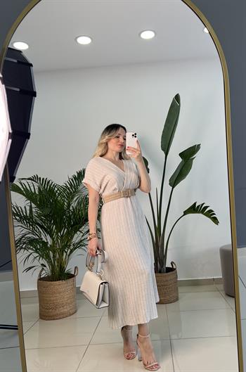 Organik Keten Kruvaze Yaka Uzun Elbise