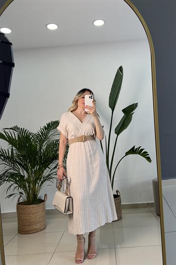 Organik Keten Kruvaze Yaka Uzun Elbise