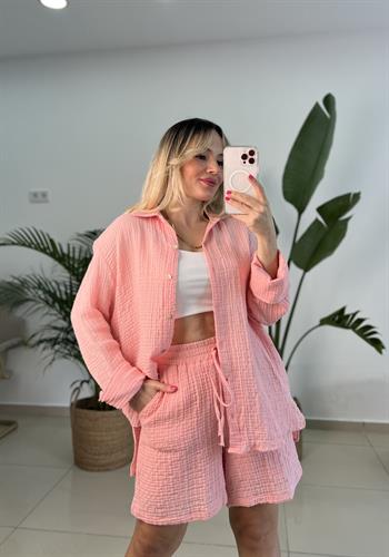 Organik Müslin Kumaş Pembe Şortlu Takım 