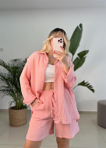 Organik Müslin Kumaş Pembe Şortlu Takım 