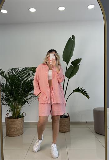 Organik Müslin Kumaş Pembe Şortlu Takım 