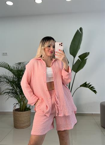 Organik Müslin Kumaş Pembe Şortlu Takım 
