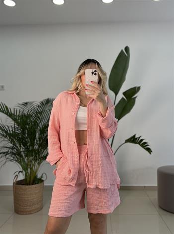 Organik Müslin Kumaş Pembe Şortlu Takım 