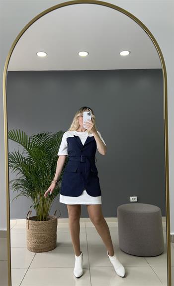 Orijinal Marka Modeli Çift Parça Görünümlü Tasarım Lacivert Çizgili Elbise 