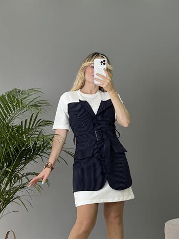 Orijinal Marka Modeli Çift Parça Görünümlü Tasarım Lacivert Çizgili Elbise 