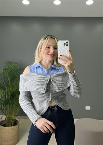 Orijinal Marka Modeli Gömlek Detaylı Triko Bluz 