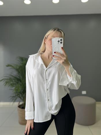 Orijinal Marka Modeli Silver Parıltı Detaylı Aerobin Saten Beyaz Gömlek