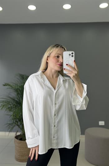 Orijinal Marka Modeli Silver Parıltı Detaylı Aerobin Saten Beyaz Gömlek