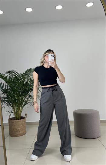 Pamuk Dokuda Tasarım Gri Palazzo Pantolon 