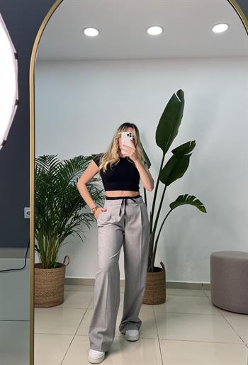 Pamuk Dokuda Tasarım Gri Palazzo Pantolon