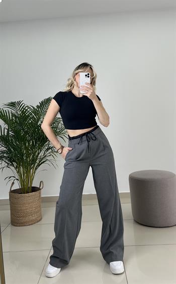 Pamuk Dokuda Tasarım Gri Palazzo Pantolon 