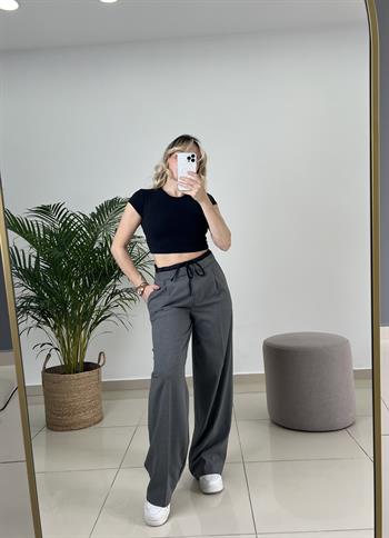 Pamuk Dokuda Tasarım Gri Palazzo Pantolon 