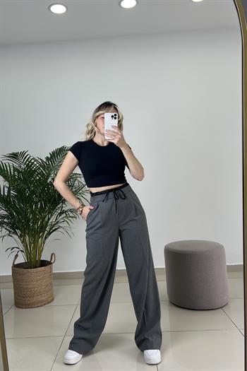 Pamuk Dokuda Tasarım Gri Palazzo Pantolon 