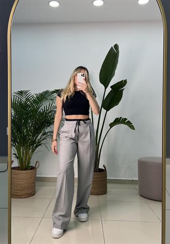 Pamuk Dokuda Tasarım Gri Palazzo Pantolon