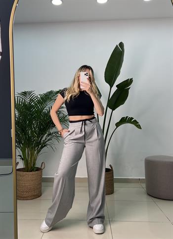 Pamuk Dokuda Tasarım Gri Palazzo Pantolon