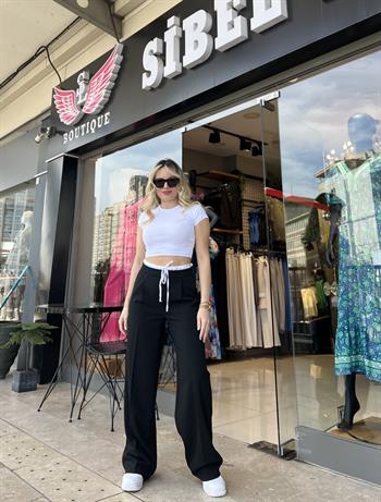 Pamuk Dokuda Tasarım Siyah Palazzo Pantolon