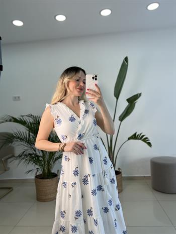 Pamuk Keten Mavi Çiçek Nakışlı Elbise