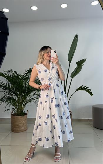 Pamuk Keten Mavi Çiçek Nakışlı Elbise